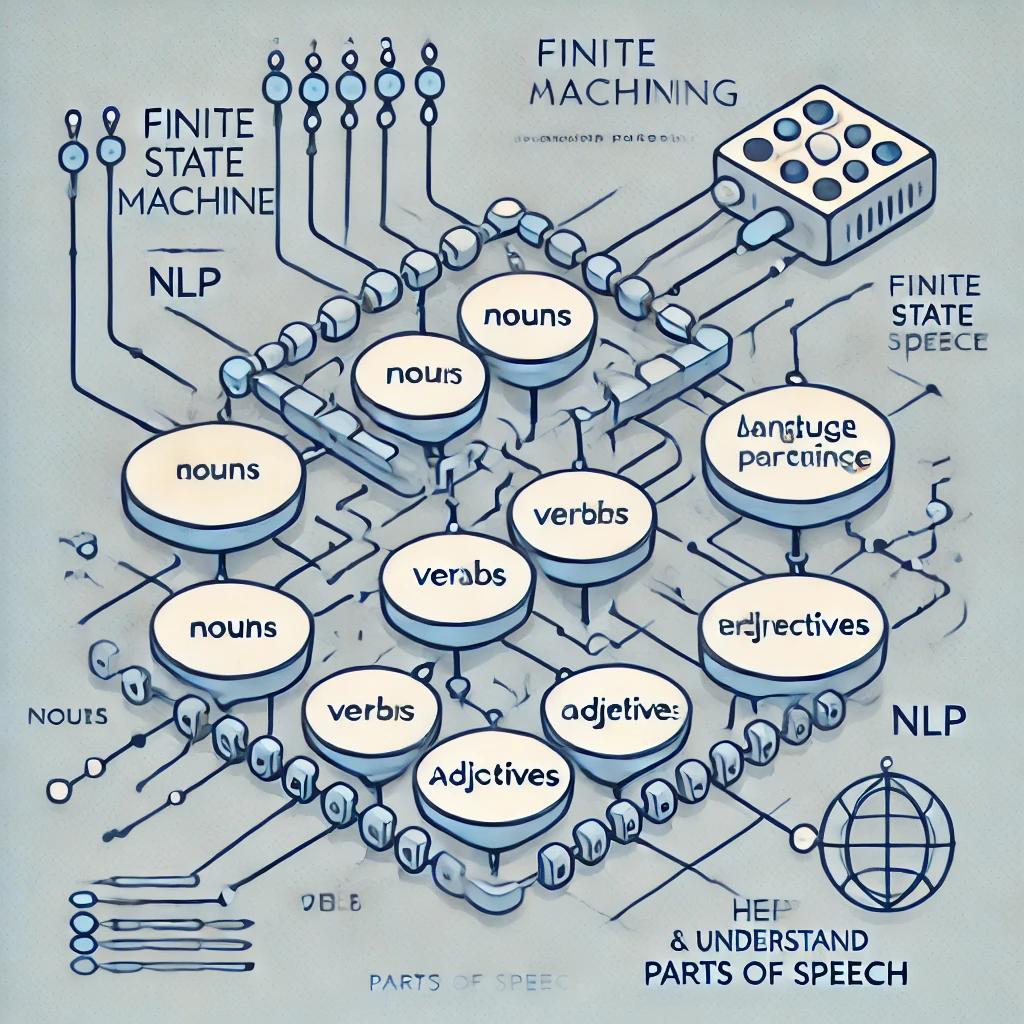 A diagram illustrating a finite state machine processing a sentence, with parts of speech labeled to show how automata help in parsing and understanding language