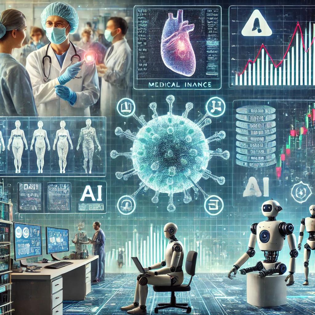 This image showcases the real-world applications of AI powered by numerical computing across industries like healthcare, finance, and manufacturing. It is divided into sections: AI analyzing medical images and patient data, AI in finance with stock charts and trading algorithms, and AI optimizing manufacturing processes with predictive maintenance. A digital, data-driven theme ties the applications together.