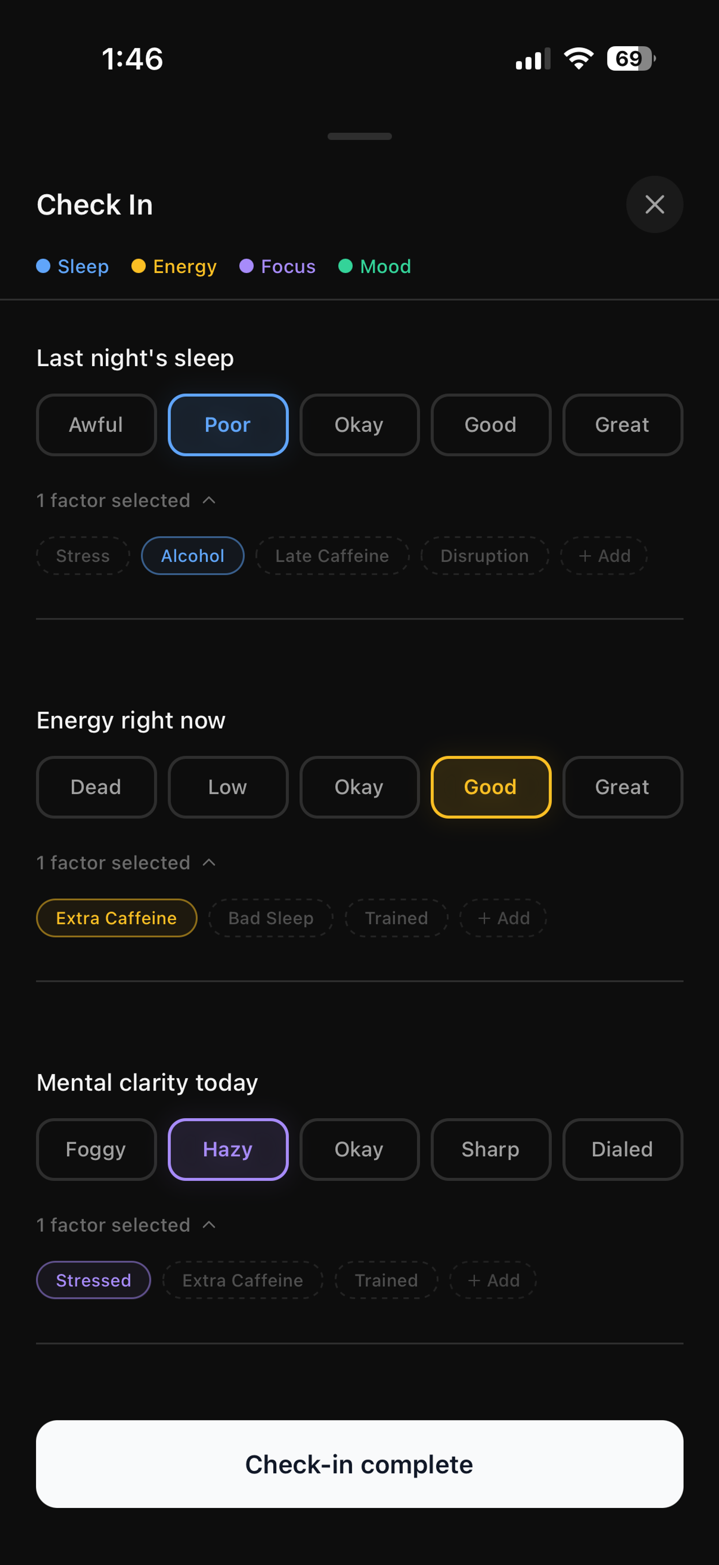 StackIQ wellness journal tracking sleep, energy, mood and focus