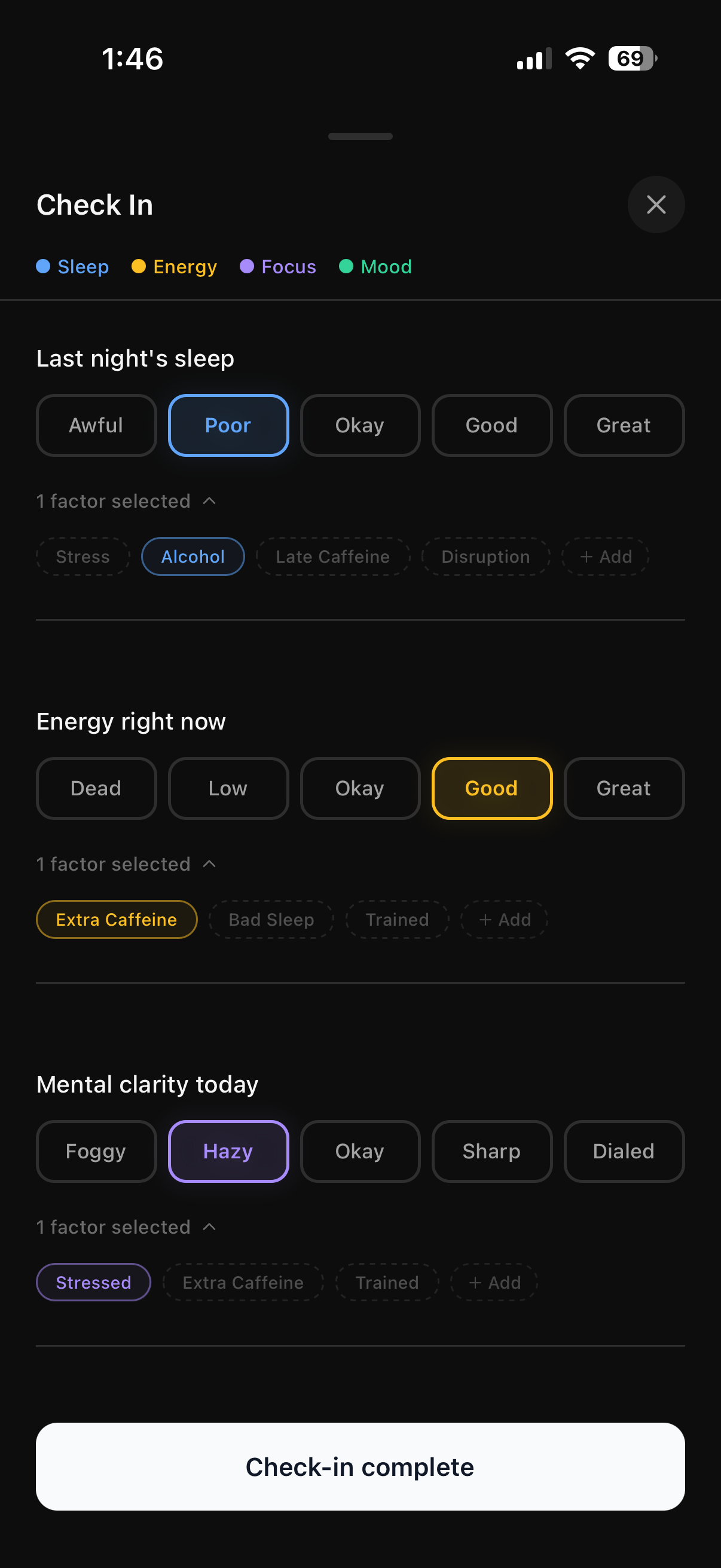StackIQ wellness journal tracking sleep, energy, mood and focus