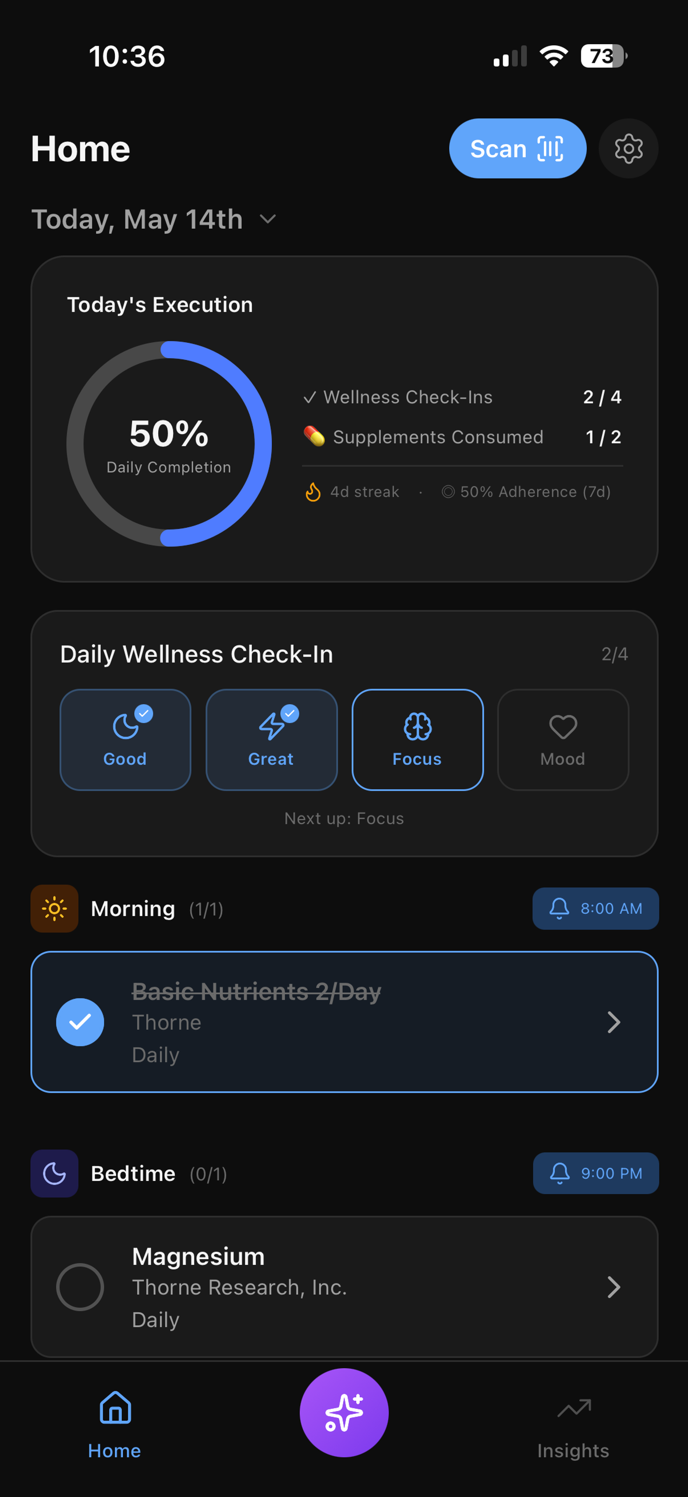 StackIQ daily supplement reminders and intake-tracking screen