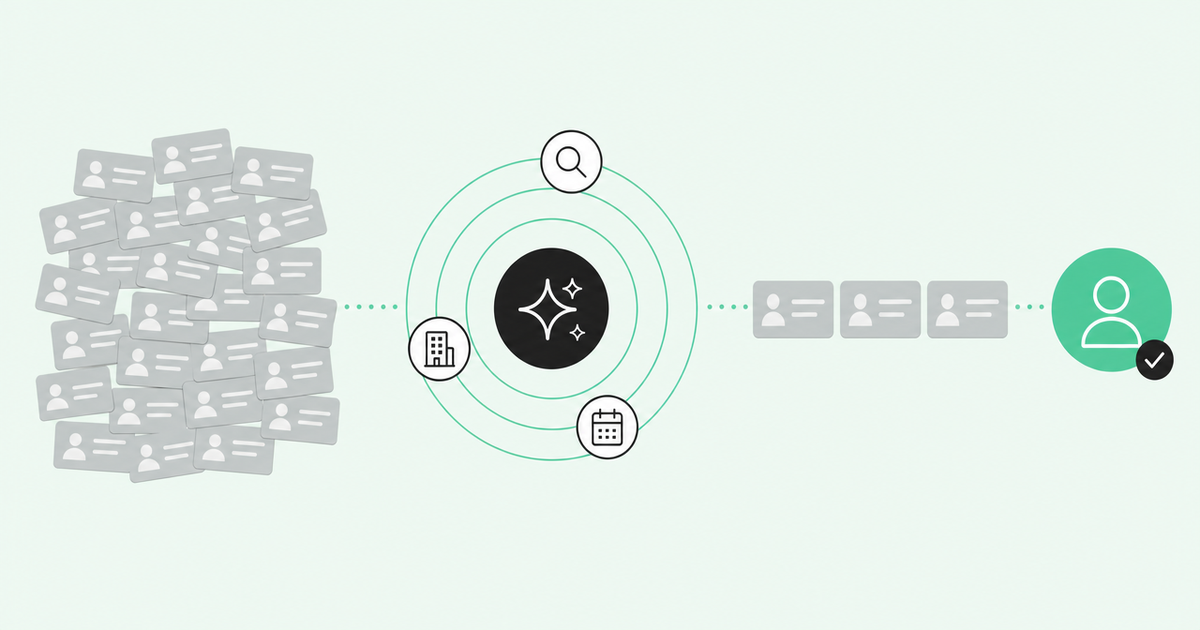 A scattered pile of account cards passes through an AI hub and becomes a short, ordered queue for a new sales rep
