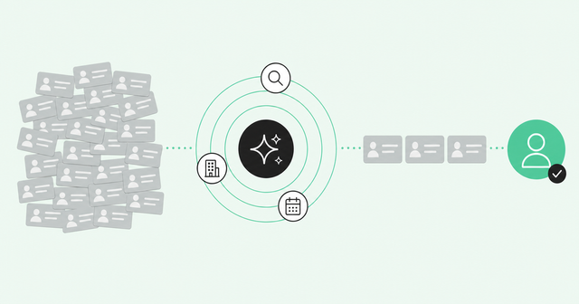 A scattered pile of account cards passes through an AI hub and becomes a short, ordered queue for a new sales rep