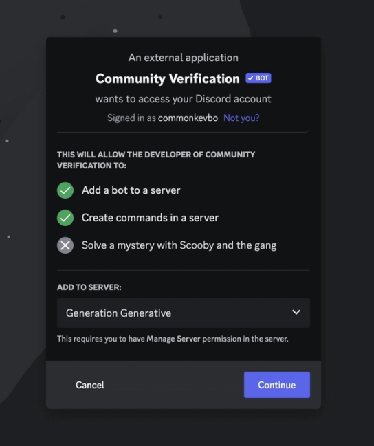 Discord authorization message