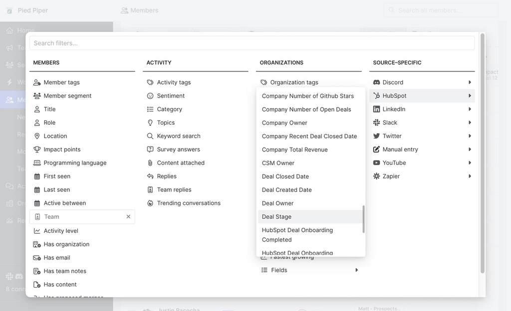 Add a source-specific filter to member view