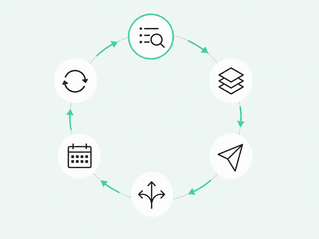 Diagram: a six-step circular loop of icon nodes — prospecting, enrichment, outreach, qualifying replies, booking meetings, and syncing back to the CRM — connected by seafoam-green arrows.
