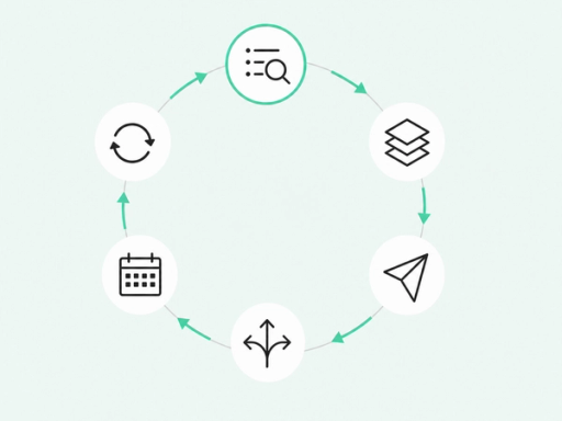 Diagram: a six-step circular loop of icon nodes — prospecting, enrichment, outreach, qualifying replies, booking meetings, and syncing back to the CRM — connected by seafoam-green arrows.