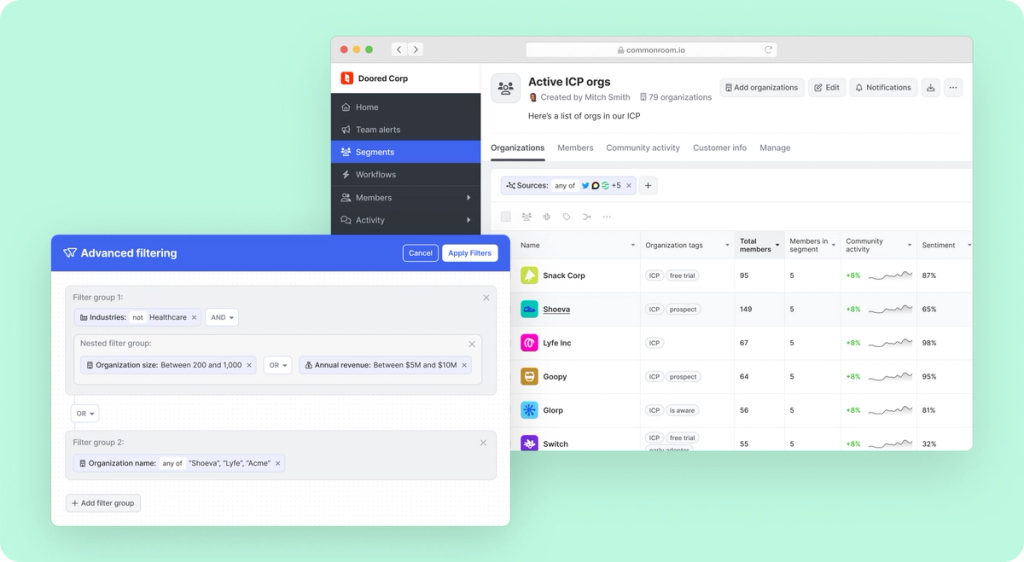 Product screenshot of Common Room's organization segments and advanced filters