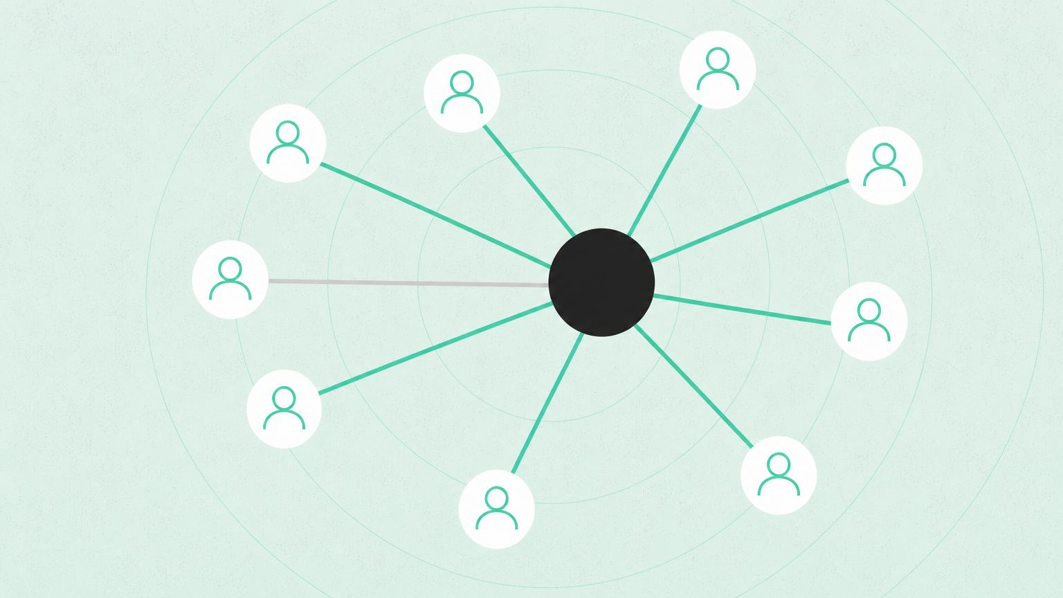 A charcoal seller node connected by bright seafoam-green lines to a wide web of white person-icon badges, with one thread faded gray to show a contact who has gone quiet.