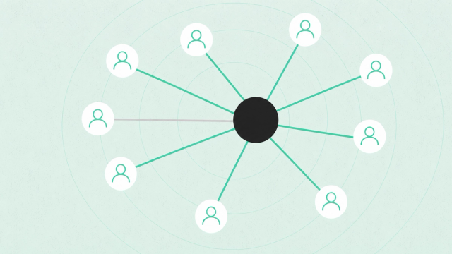 A charcoal seller node connected by bright seafoam-green lines to a wide web of white person-icon badges, with one thread faded gray to show a contact who has gone quiet.