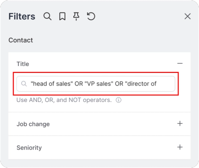 Filters panel with the Title field expanded, showing a boolean query, with helper text reading "Use AND, OR, and NOT operators."