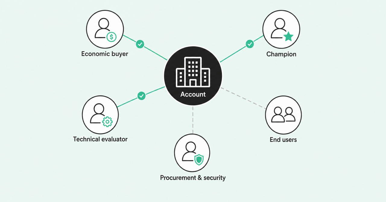 Buying committee map linking an account to economic buyer, champion, technical evaluator, end users, and procurement and security