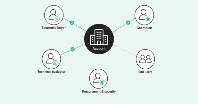 Buying committee map linking an account to economic buyer, champion, technical evaluator, end users, and procurement and security