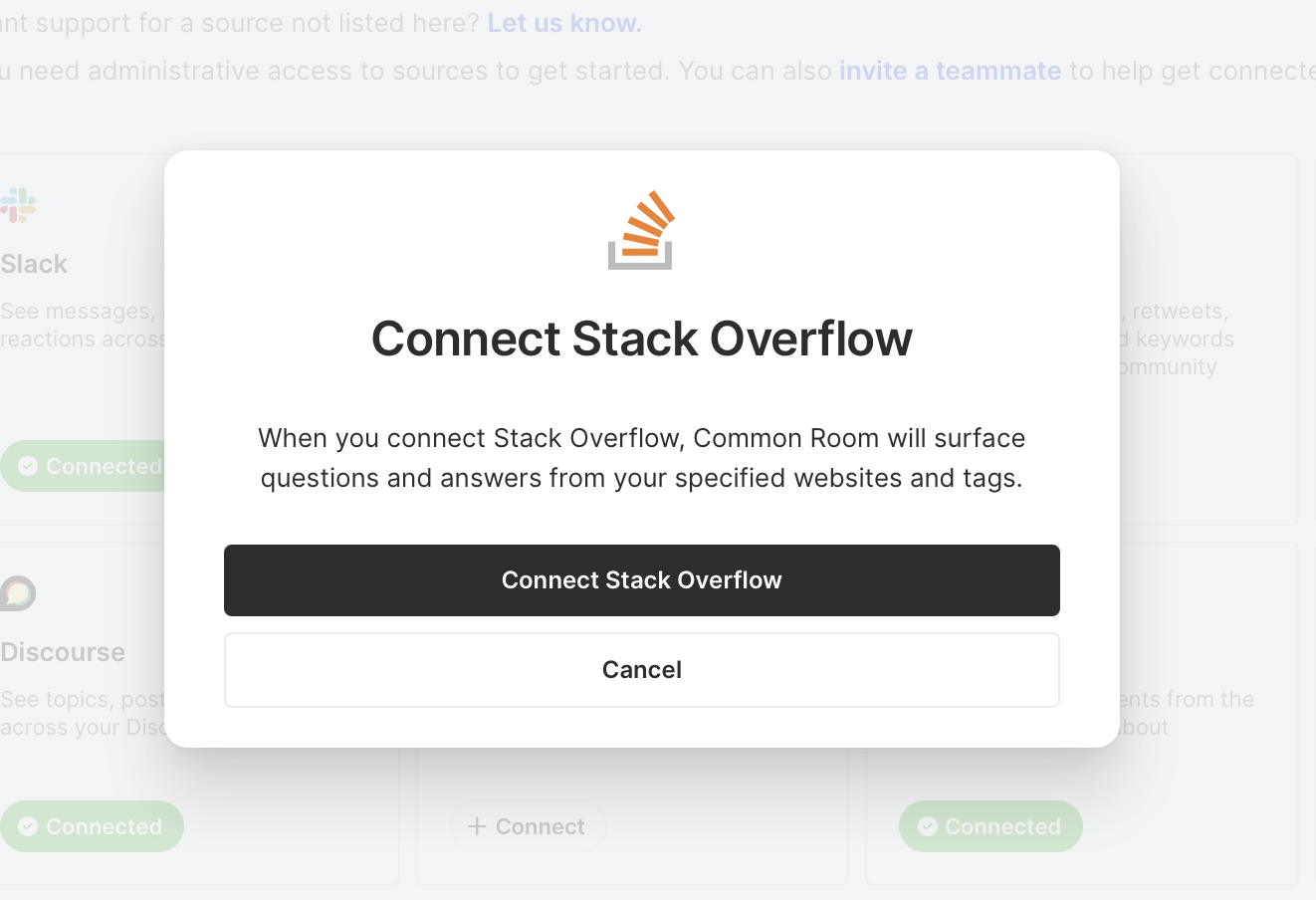 Image of Stack Overflow connection screen in Common Room