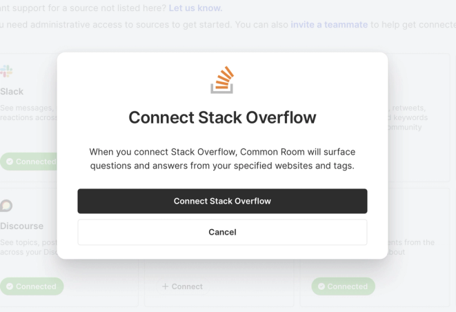 Image of Stack Overflow connection screen in Common Room