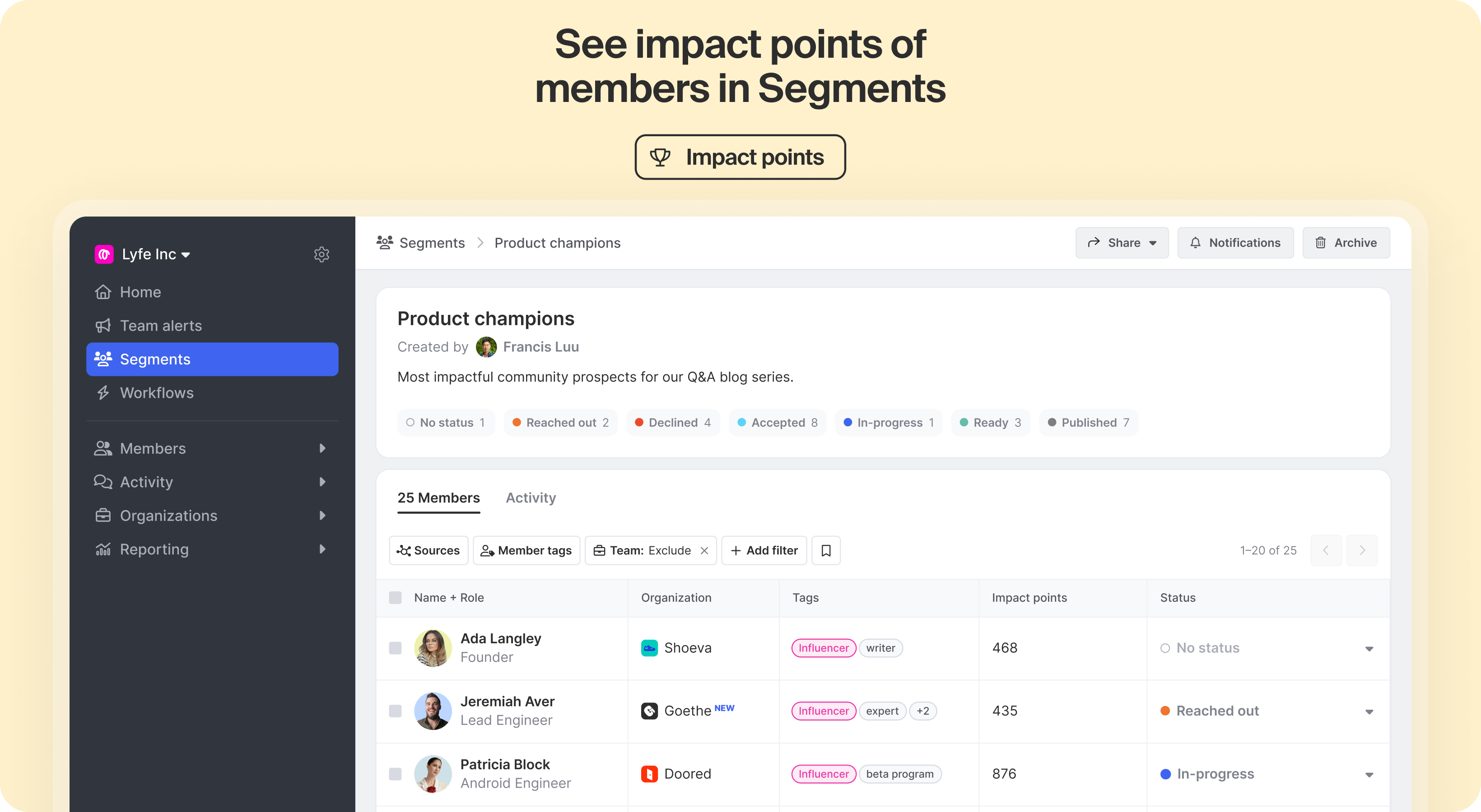 See impact points of members in Segments
