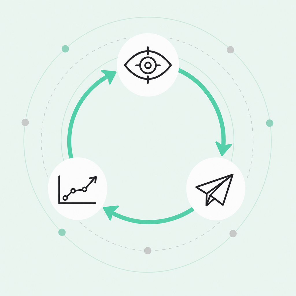 Flat diagram of a closed three-node cycle connected by seafoam-green arrows: an eye/target icon, a paper-airplane send icon, and an upward line-chart icon, representing the know, act, and learn loop