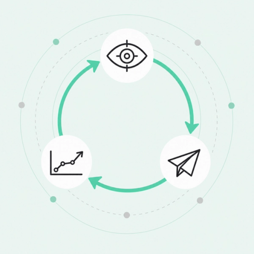 Flat diagram of a closed three-node cycle connected by seafoam-green arrows: an eye/target icon, a paper-airplane send icon, and an upward line-chart icon, representing the know, act, and learn loop