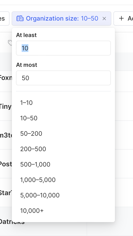 Filter views by employee count and more