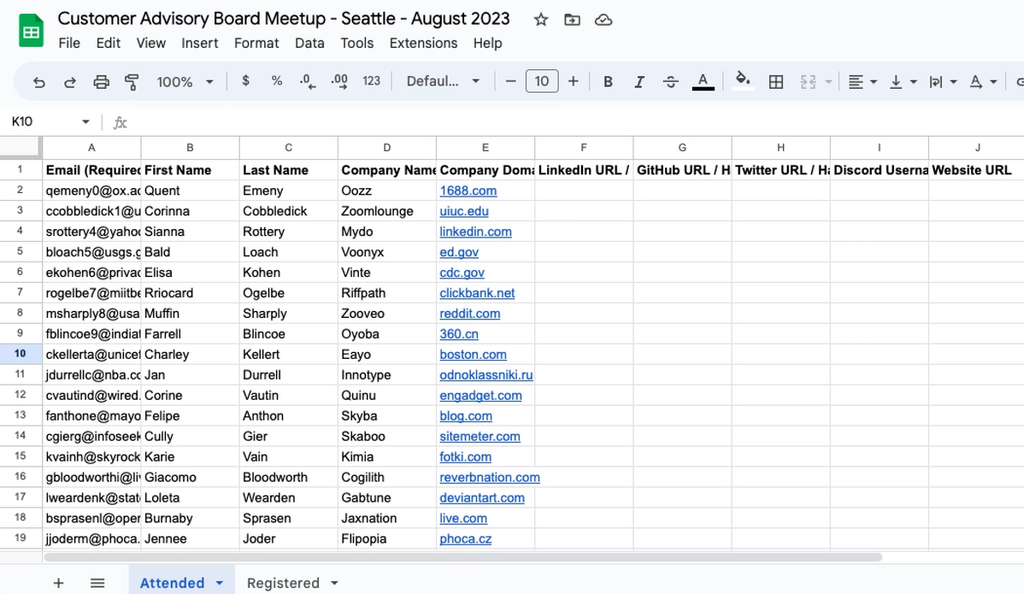 Google sheet of mock event data