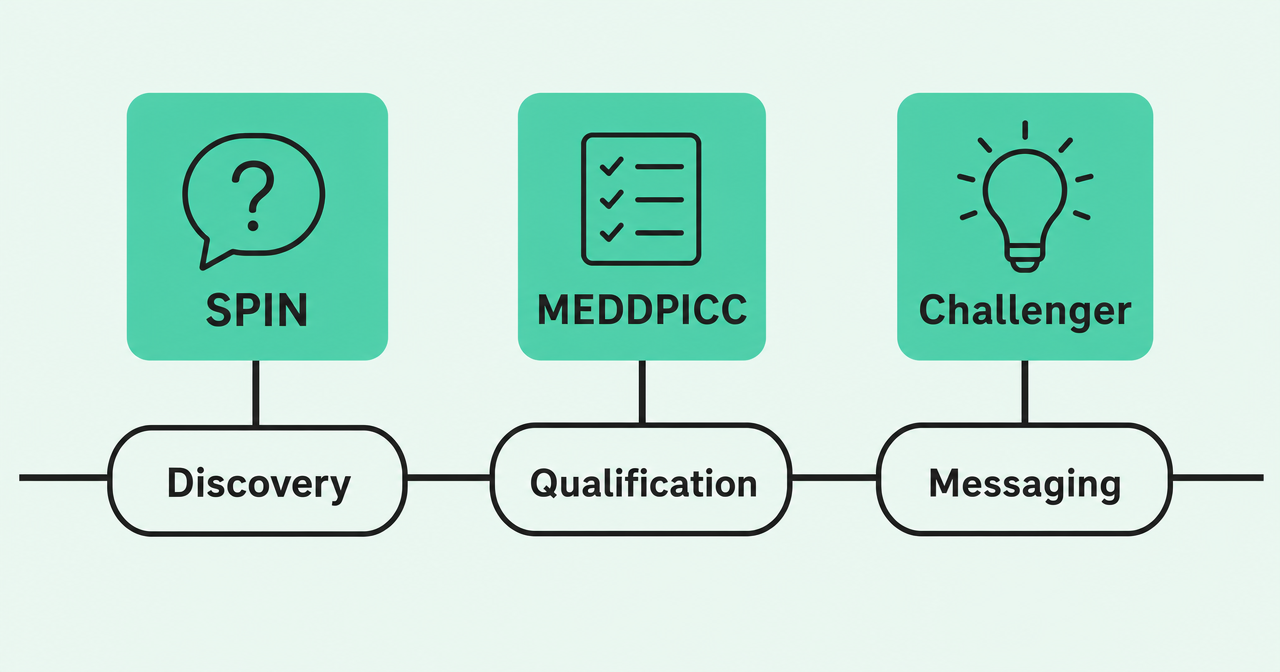SPIN for discovery, MEDDPICC for qualification, and Challenger for messaging across one deal