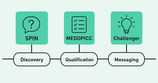 SPIN for discovery, MEDDPICC for qualification, and Challenger for messaging across one deal