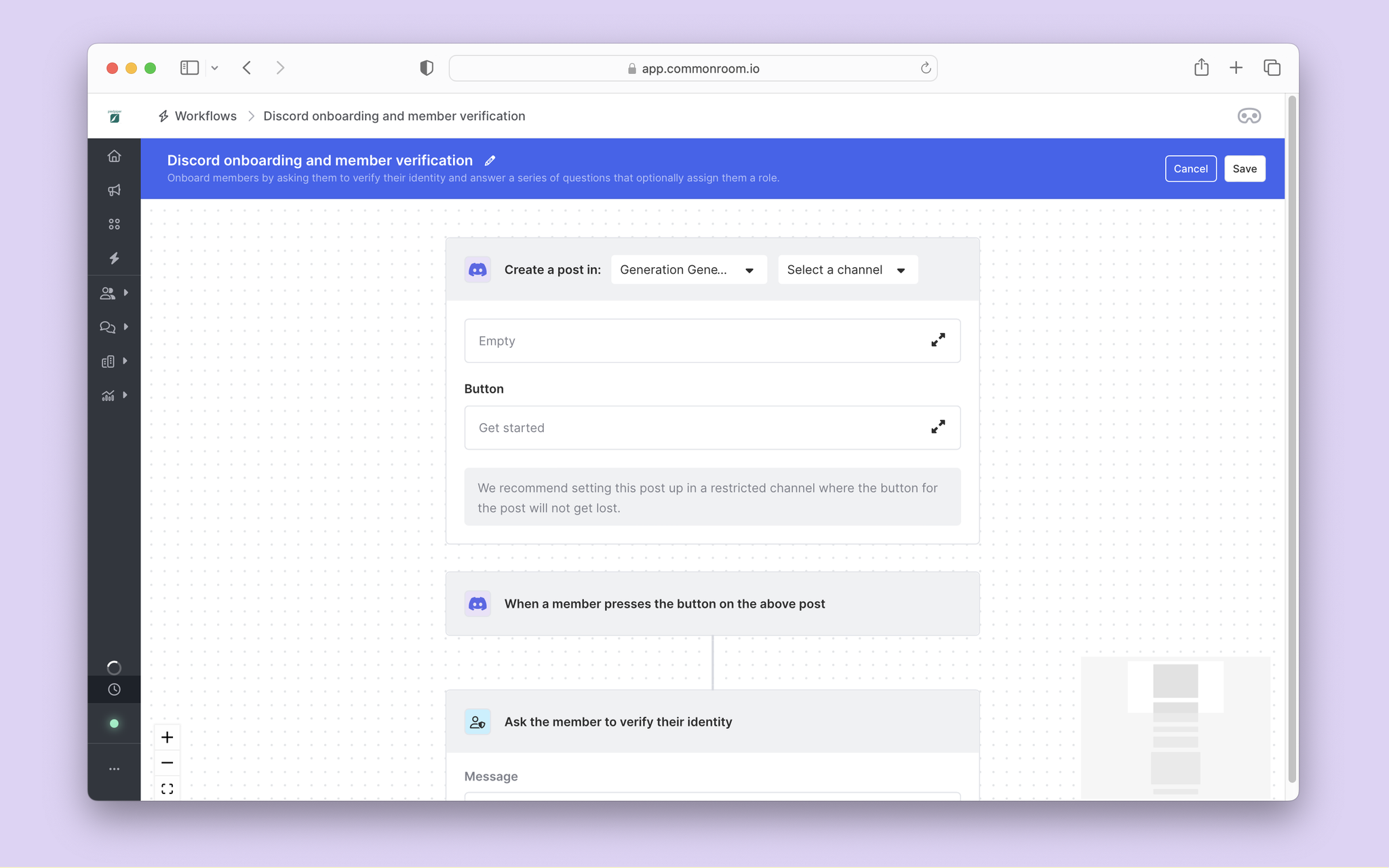 Discord onboarding journey workflow in Common Room