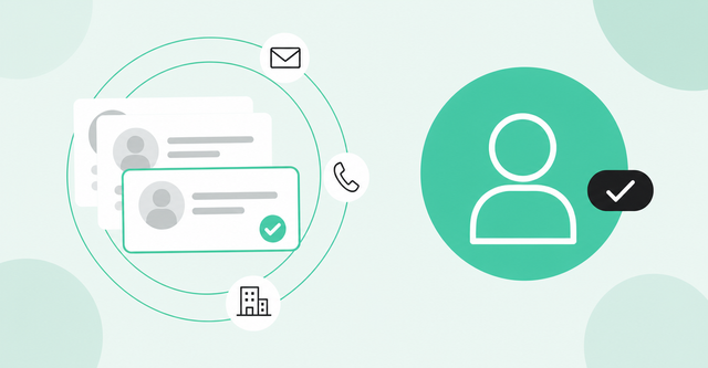 Stack of verified B2B contact cards connected to a trusted buyer profile