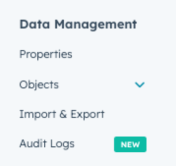 HubSpot Data Management menu