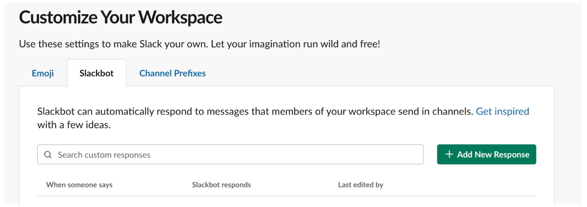 Image of the 'Customize your workspace' Slackbot tab in Slack settings