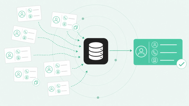Scattered, duplicate contact records being unified into one clean, verified profile