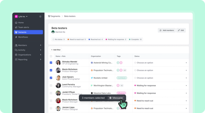 Common Room segments page with members highlighted to send a message to