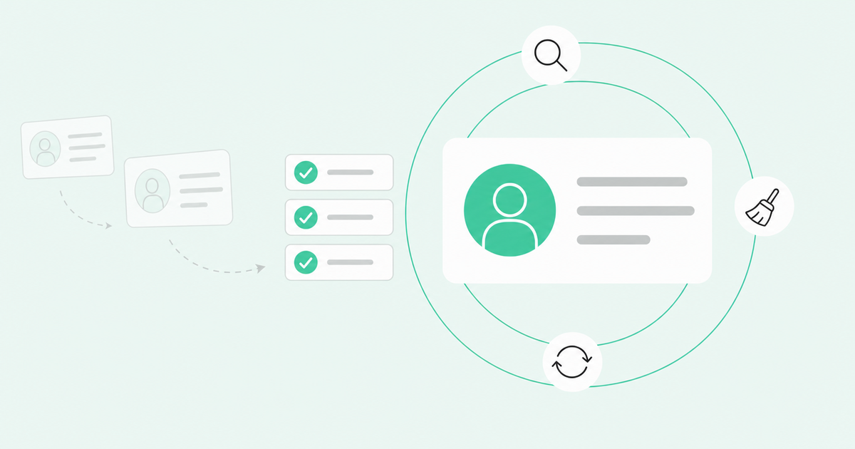 CRM record card with a cleanup checklist and faded duplicate records