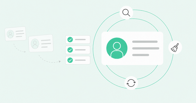 CRM record card with a cleanup checklist and faded duplicate records