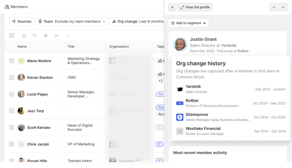 See a history of org changes for each contact