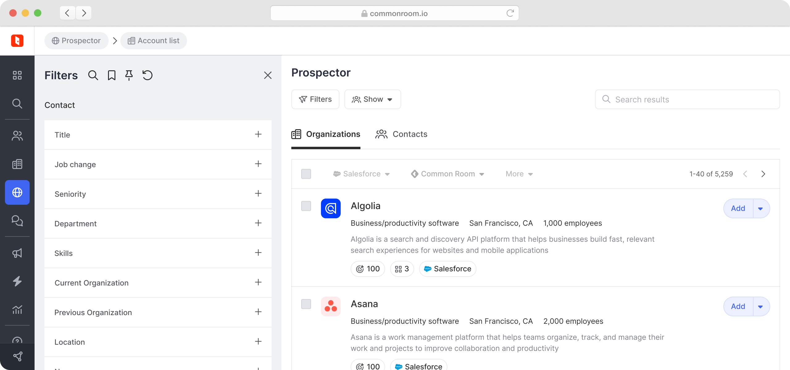 Prospector interface showing the Organizations and Contacts tabs toggle above a results list, with a Filters panel on the left and sample company results.