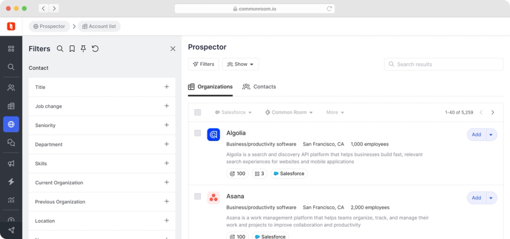 Prospector interface showing the Organizations and Contacts tabs toggle above a results list, with a Filters panel on the left and sample company results.