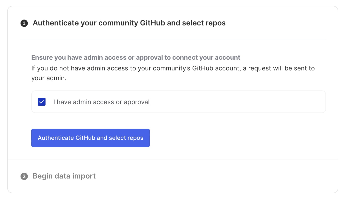 Authenticate GitHub to select repos for data import