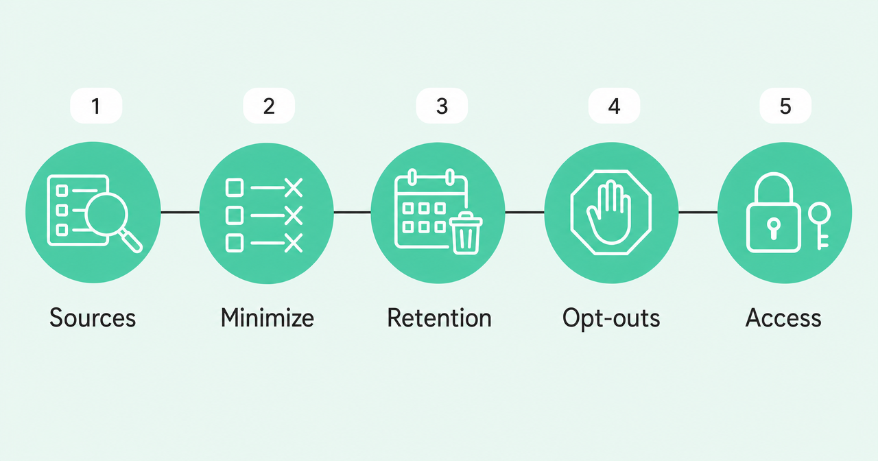 Five-step process: sources, minimize, retention, opt-outs, access
