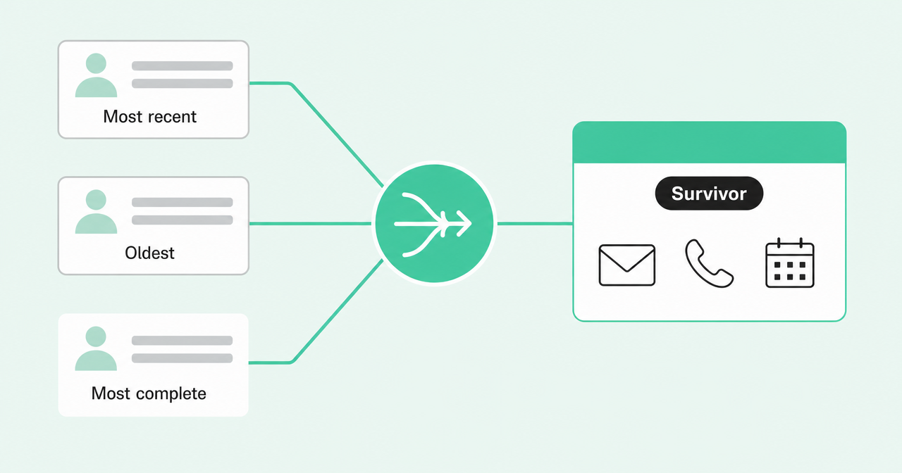 Three duplicate records merging into one surviving record that keeps email, call, and meeting history