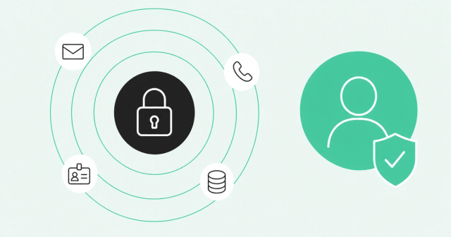 Padlock surrounded by enriched contact fields next to a protected person profile