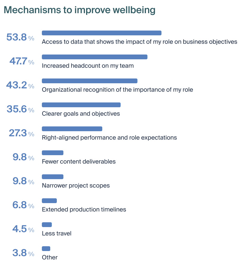 List of mechanisms to improve wellbeing in DevRel. 53.8% of respondents listed "access to data that shows the impact of their work on the business."