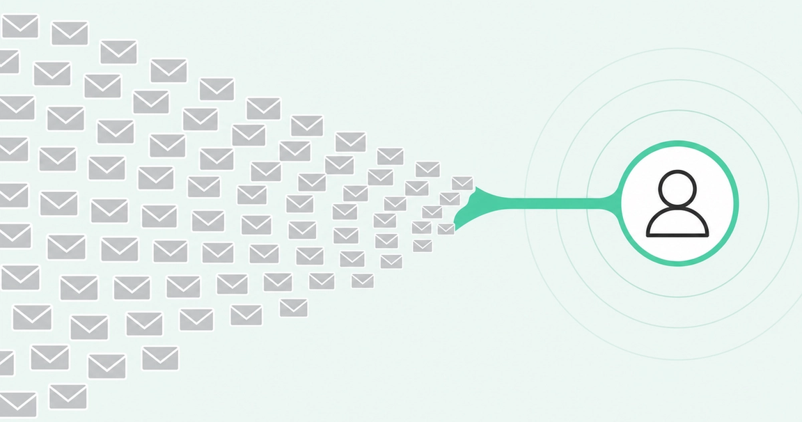 Banner illustration: a large stream of generic gray email envelopes flowing toward a single highlighted person, showing volume narrowing to one meaningful connection.