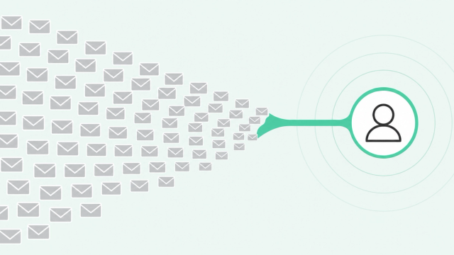 Banner illustration: a large stream of generic gray email envelopes flowing toward a single highlighted person, showing volume narrowing to one meaningful connection.