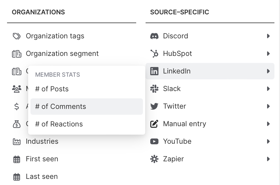 Select source-specific activity to filter LinkedIn comments