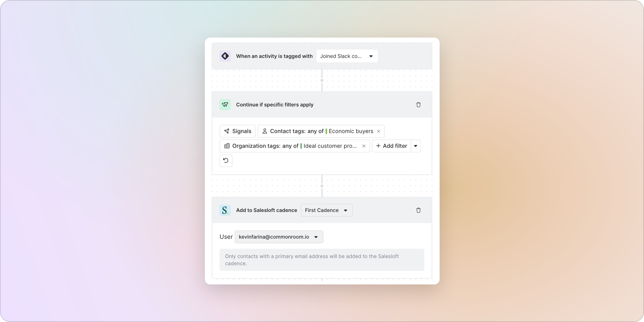 Screenshot of building an automated workflow to salesloft