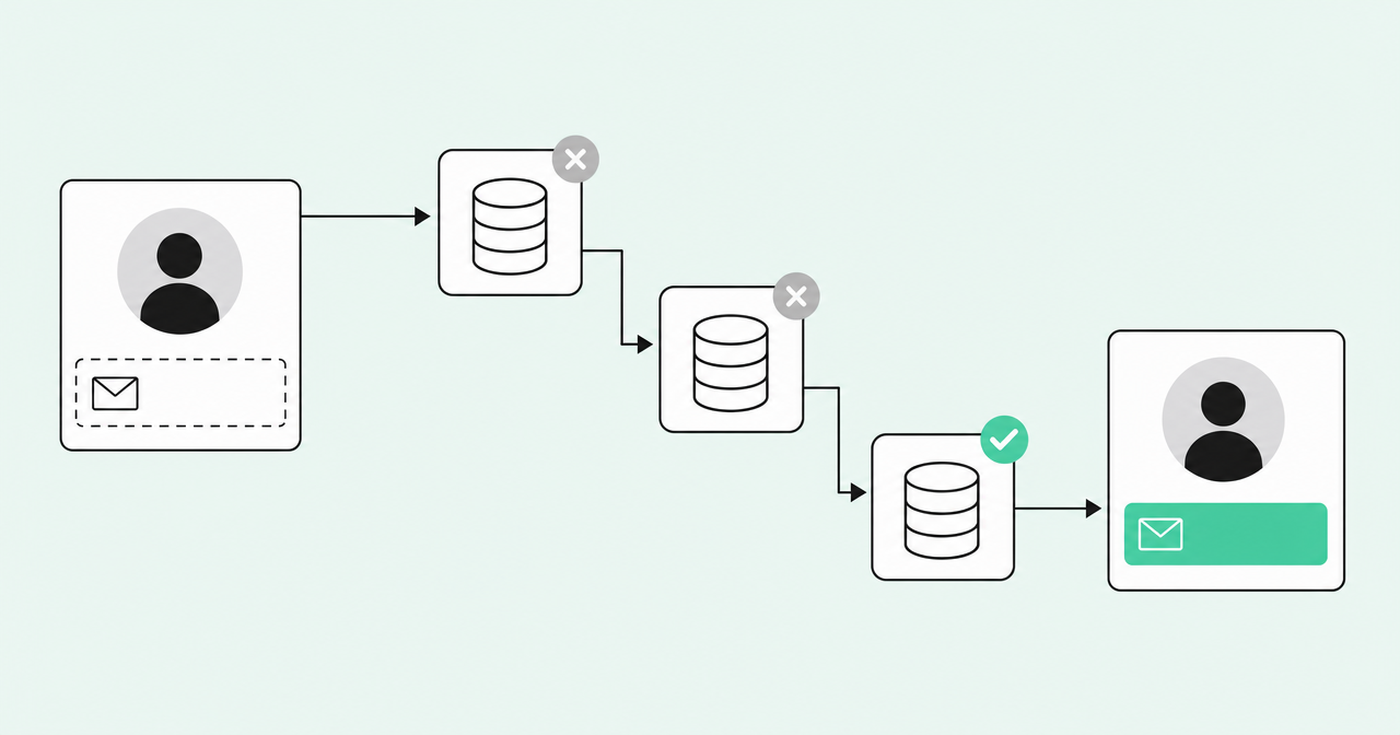 Enrichment waterfall checking data providers in order until one fills the missing email