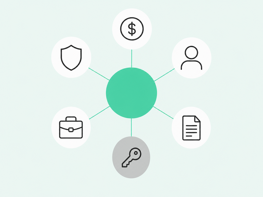 A ring of white badges, each with a distinct outline icon for a buying-committee role — budget, security, user, briefcase, contract, and a muted gray key for an uncovered role — all connected to a central seafoam-green circle representing the shared decision.