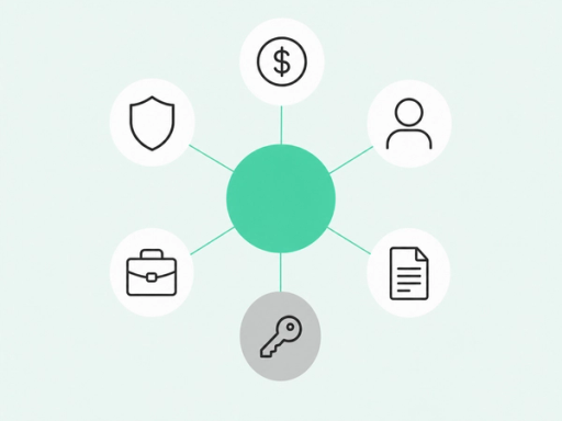 A ring of white badges, each with a distinct outline icon for a buying-committee role — budget, security, user, briefcase, contract, and a muted gray key for an uncovered role — all connected to a central seafoam-green circle representing the shared decision.