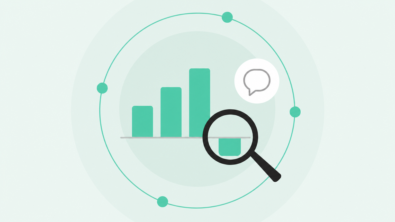 Flat illustration of a seafoam-green forecast bar chart with one bar dipping down, a magnifying glass inspecting the slipped bar, and a speech-bubble badge representing a buyer conversation